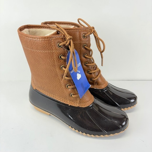 JBU Women's Size 7M‎ Waterproof Lace Up Duck Boots Brown Black Faux Fur Lined - Picture 3 of 7